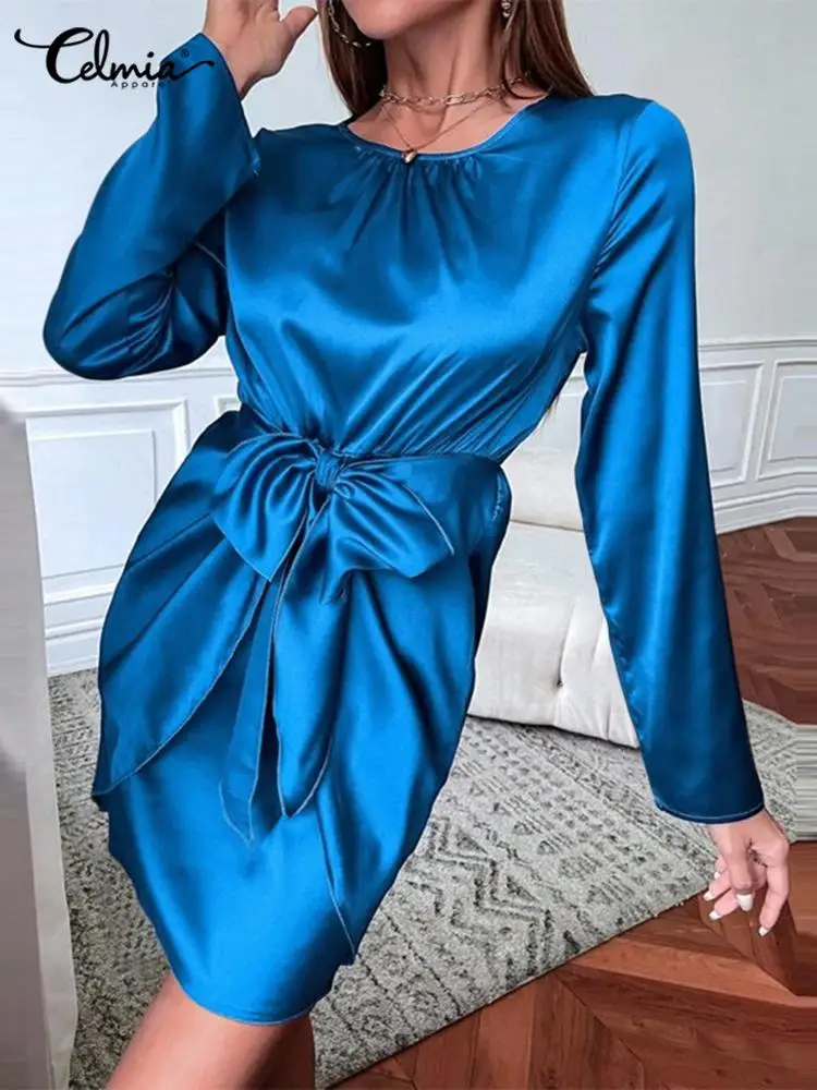 Celmia Elegant Long Sleeve Vestidos Party Satin Mini Dress 2022 Fashion Shirred O-neck Robe Women Waist Bandage Tight Fit Dress
Celmia Elegant Long Sleeve Vestidos Party Satin Mini Dress 2022 Fashion Shirred O-neck Robe Women Waist Bandage Tight Fit Dress