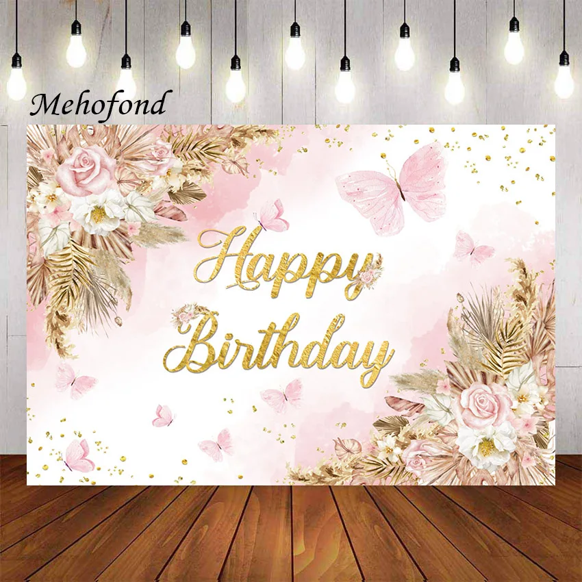 

Фон для фотосъемки Mehofond в стиле бохо с цветочным рисунком для дня рождения девушек розовая пампасная трава искусственная бабочка Фотостудия