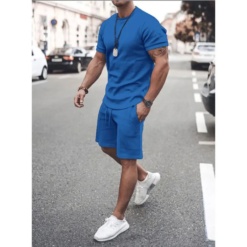 

Plus Size 5XL Summer Men Casual Shorts Sets Short Sleeve T Shirt +Shorts Solid Male Tracksuit Set Men's Clothing 2 Pieces Sets