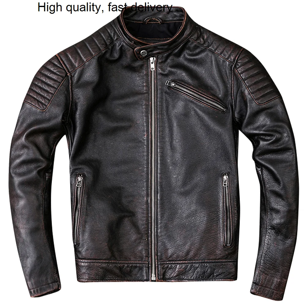 

Men's Vintage Motorcycle Cowhide Jacket Distressed Real Leather Coat For Man Vintage Bomber Mans Cow Leather Trench Coat 2023