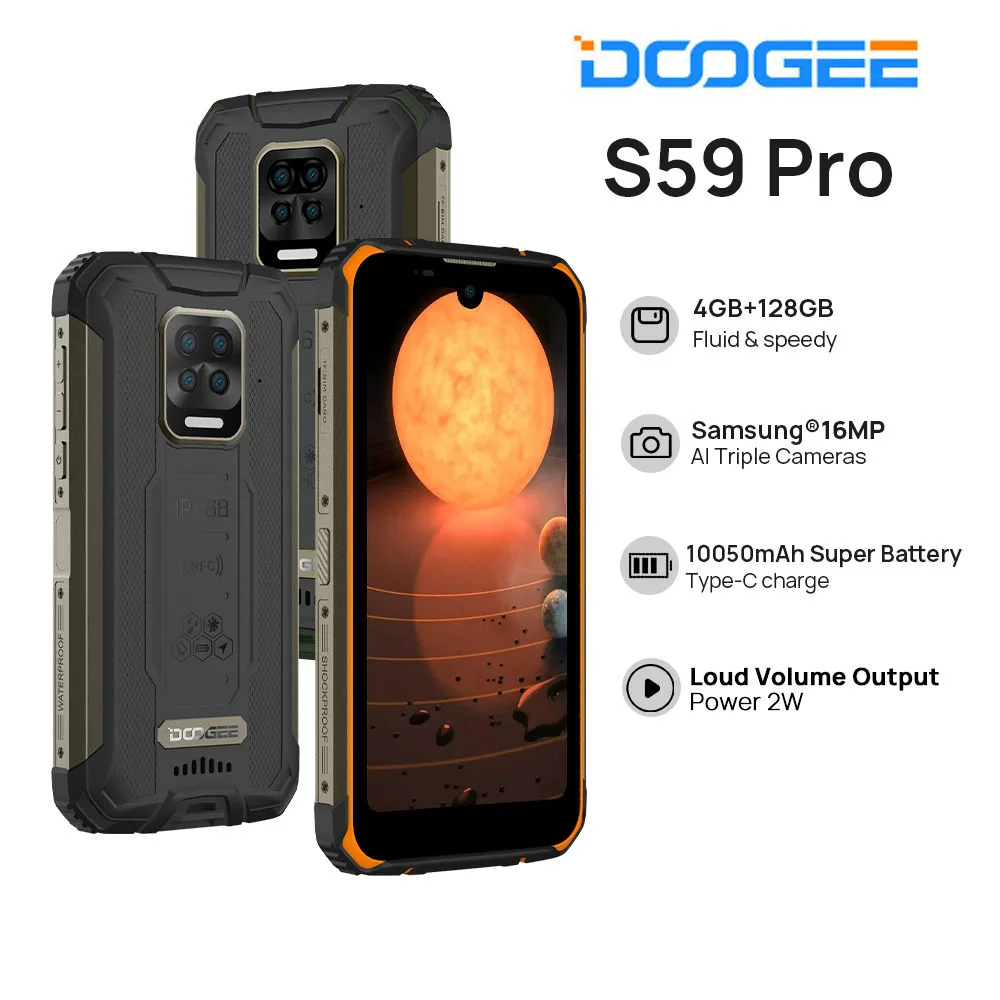 DOOGEE S59 Pro Smartphone 10050mAh Super Battery IP68/IP69K 4+128GB NFC Rugged Smart Phone 2W Cellphones
DOOGEE S59 Pro Smartphone 10050mAh Super Battery IP68/IP69K 4+128GB NFC Rugged Smart Phone 2W Cellphones