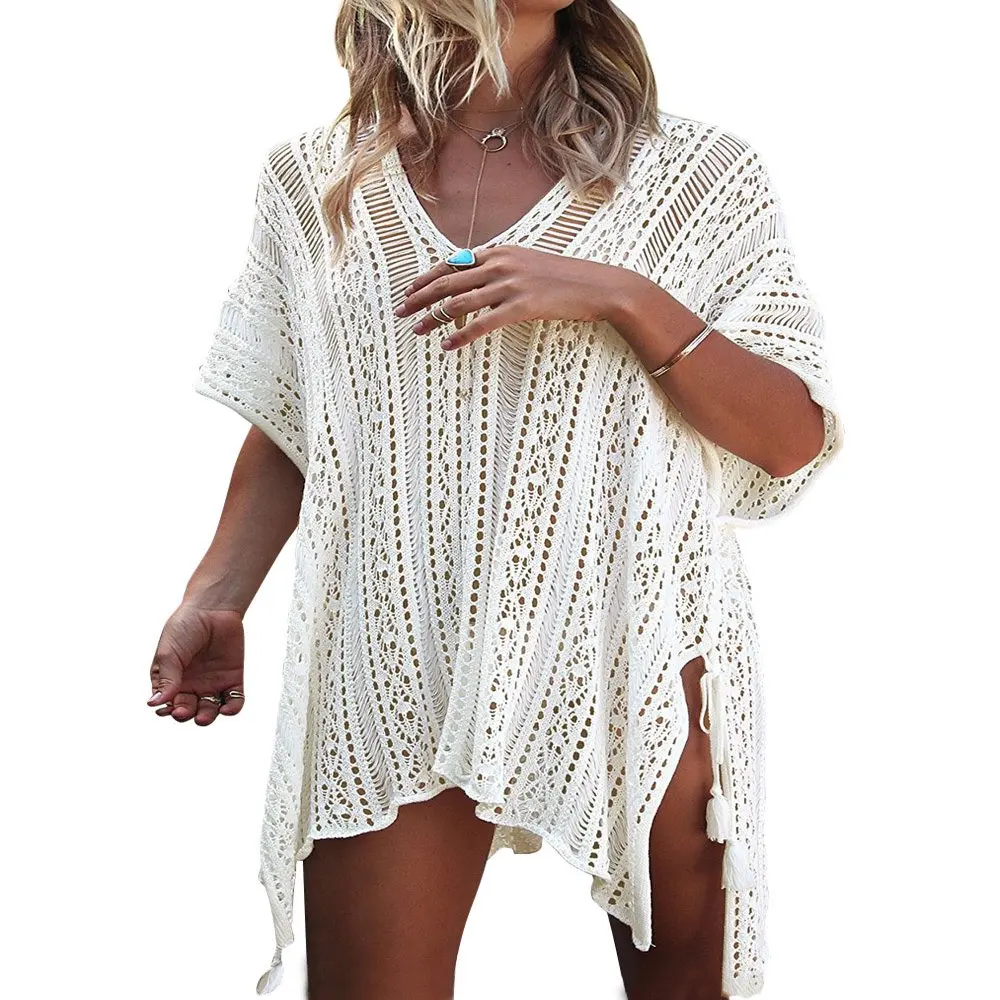 

Swimsuit Cover Up for Women Crochet Sleeveless Tunic V Neck Bikini Beachwear Sheer Bathing Suit Coverups HMCN