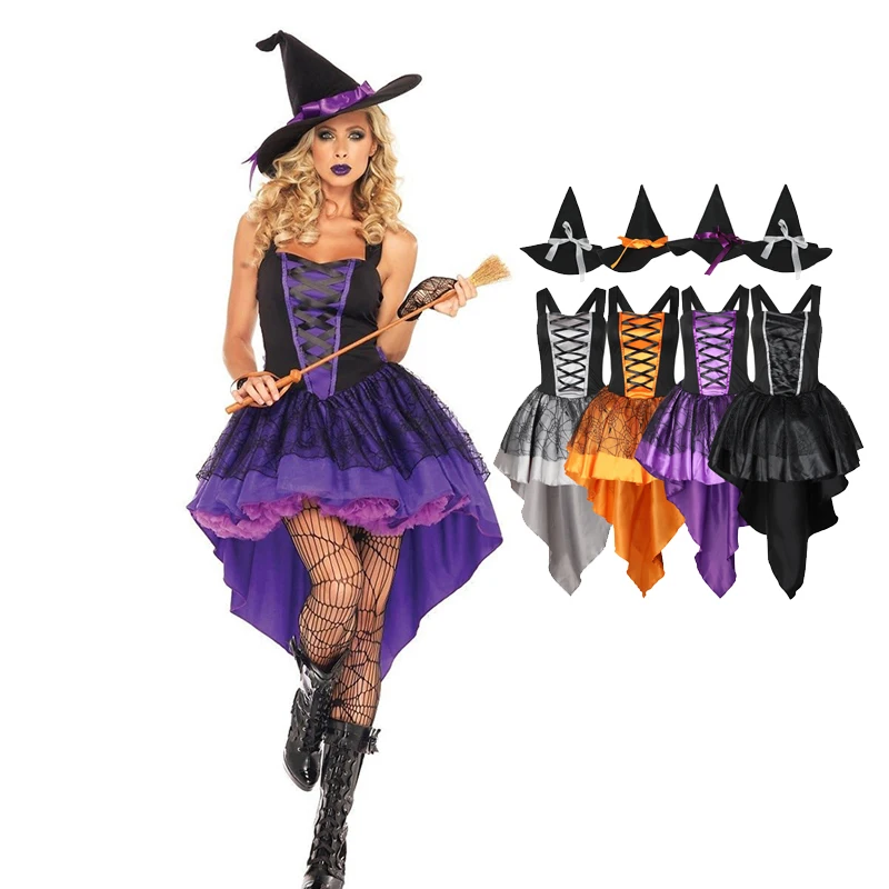 

Halloween Carnival Lady Multicolor Tuxedo Witch Costume Cute Elegant Crape Magic Sorceress Playsuit Cosplay Fancy Party Dress