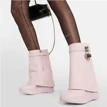 Sorphio High Chunky Heeled Pants Boots For Women Mid-calf Platform Wedges Zip Luxury Design Metal Lock Fashion Shark Booties