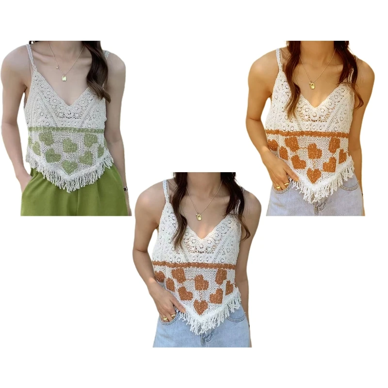 Women Summer Sexy V-Neck Sleeveless Camisole Hollow Crochet Knit Contrast Color Heart Crop Top Irregular Tassels Hem Loose Vest
Women Summer Sexy V-Neck Sleeveless Camisole Hollow Crochet Knit Contrast Color Heart Crop Top Irregular Tassels Hem Loose Vest