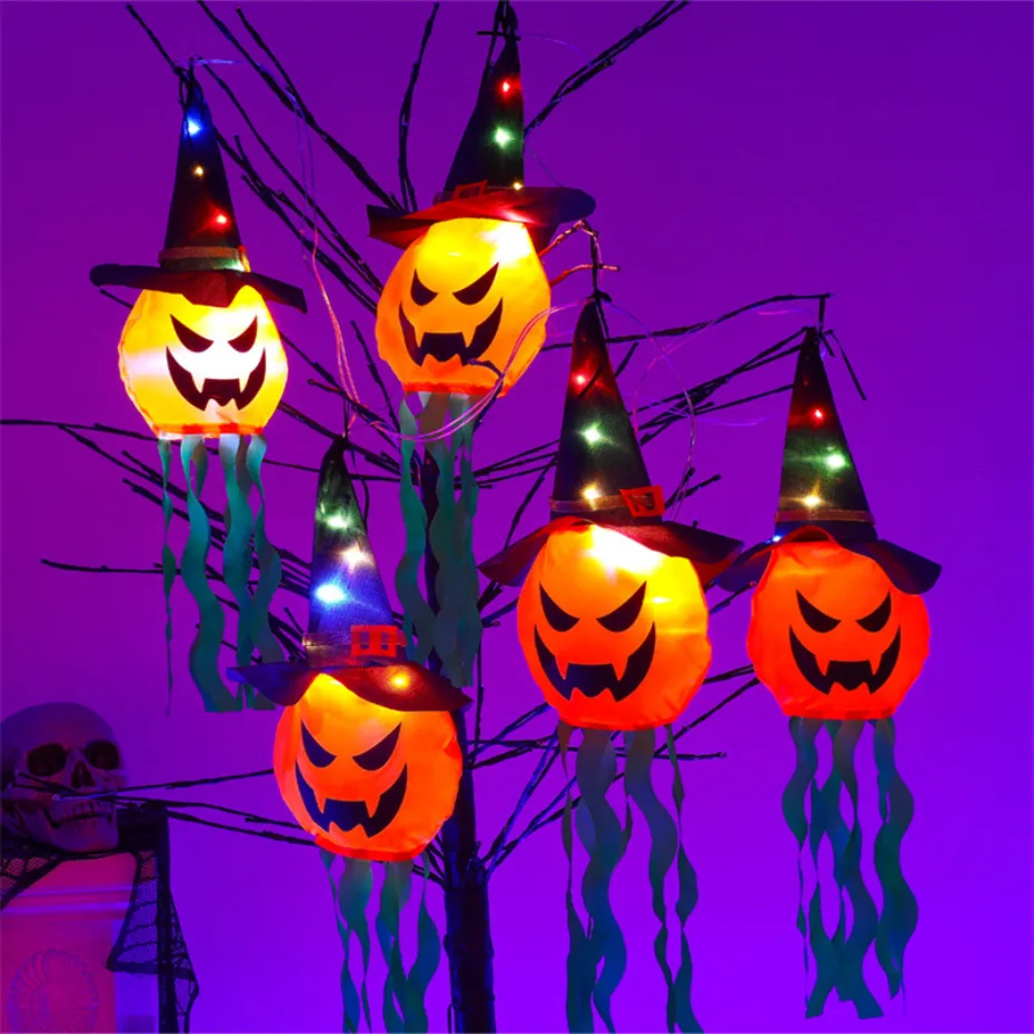 

LED Halloween Decoration Flashing Light Gypsophila Pumpkin Ghost Festival Dress Up Glowing Ghost Hat Lamp Decor Hanging Lantern