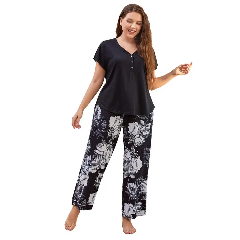 

Women`s Soft Plus Size Pajama Set Short Sleeve V-Neck T-Shirt and Pants Lounge 1XL