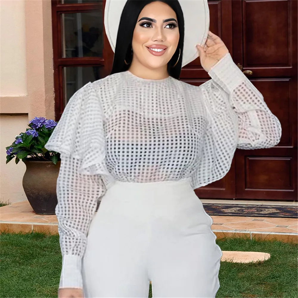 Женская блузка в офисном стиле, Повседневная элегантная прозрачная сетчатая однотонная Свободная блузка с длинным рукавом и круглым вырез... 
Женская блузка в офисном стиле, Повседневная элегантная прозрачная сетчатая однотонная Свободная блузка с длинным рукавом и круглым вырез...