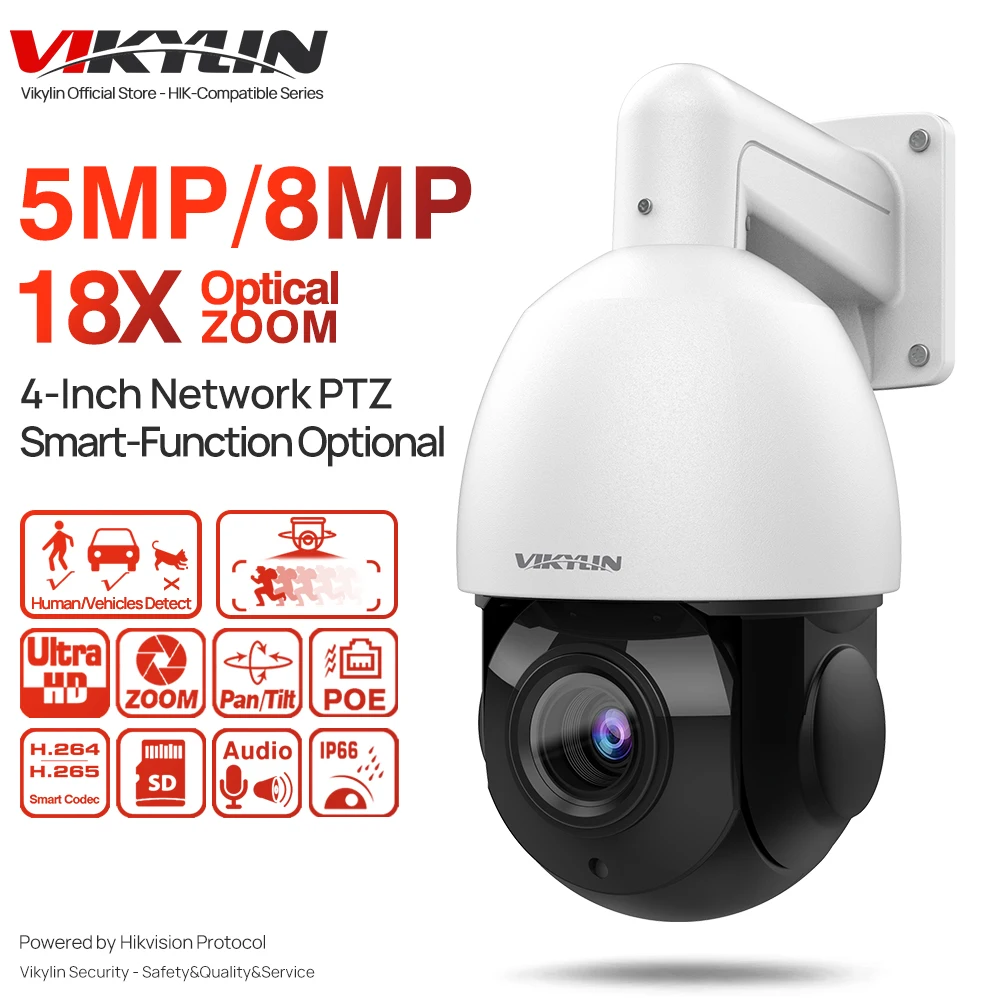 

VIKYLIN 8MP 4K PTZ IP Camera PoE 4.7-84.6mm Auto Focus 18X-30X ZOOM Detect 5MP 2K Hikvision Compatible CCTV Security Dome IPC