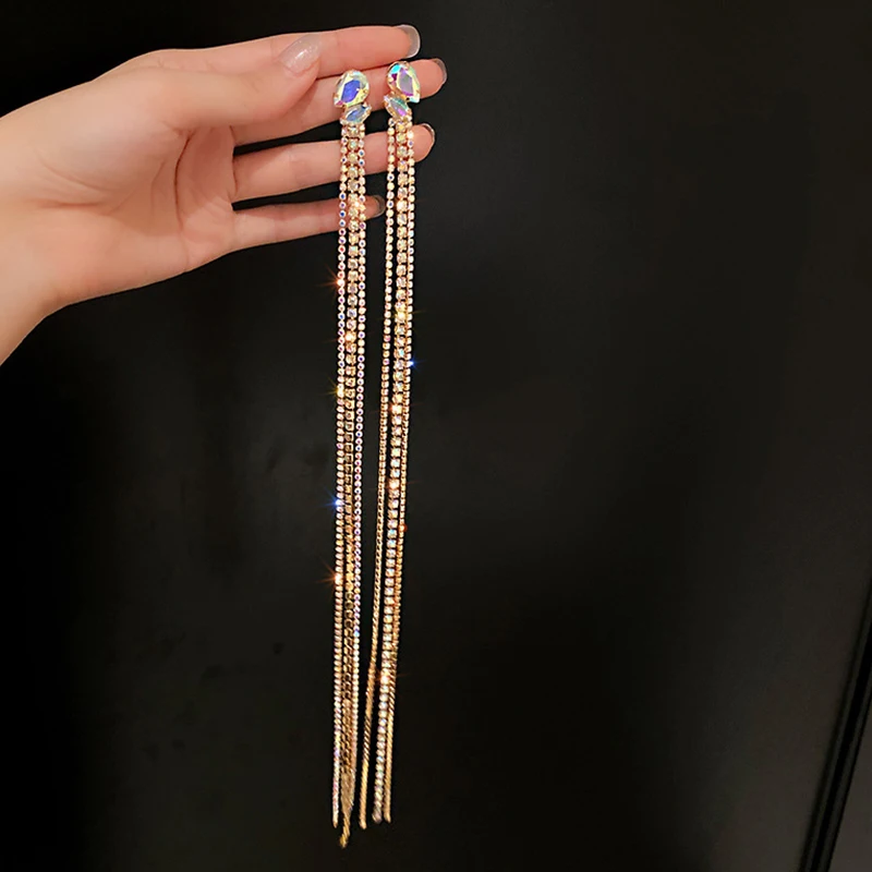 

Shine Geometric Crystal Dangle Earrings for Women Exaggerated Long Tassel Rhinestone Earring Statement Party Nightclub Jewelry