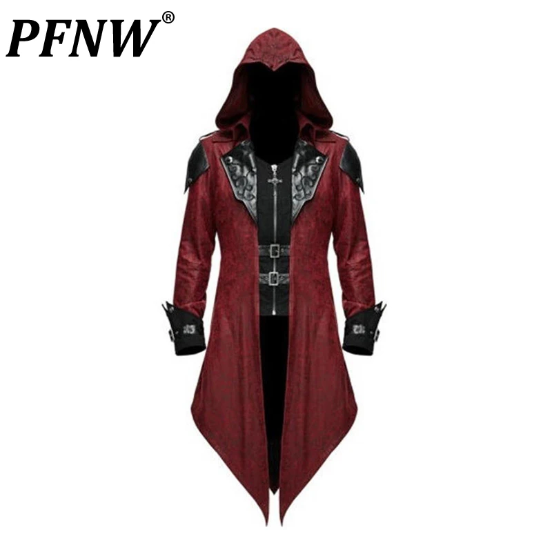 

PFNW Autumn Winter Men Tide Gothic Patchwork Zippers Hooded Trench Fashion Asymmetric Length Halloween Windbreakers Coat 12A7360