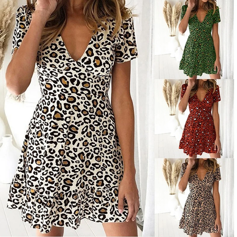 Women Mini Leopard Dress Summer Print Ruffles Short Sleeve V neck Evening Party Sweet Beach Dress 2022 Summer Style
Women Mini Leopard Dress Summer Print Ruffles Short Sleeve V neck Evening Party Sweet Beach Dress 2022 Summer Style