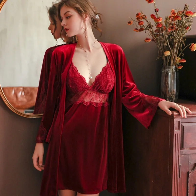 Sexy Burgundy Velvet Wedding Twinset Robe Set Nightgown Patchwork Cutout Lace Bathrobe Sleepwear Autumn Winter Loose Home Dress
Sexy Burgundy Velvet Wedding Twinset Robe Set Nightgown Patchwork Cutout Lace Bathrobe Sleepwear Autumn Winter Loose Home Dress