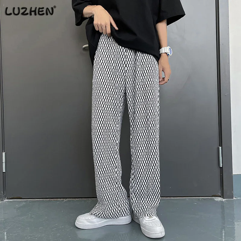 

LUZHEN Trendy High Quality Checked Pattern Ice Silk Casual Straight Pants Men Stylish Handsome Versatile Design Trousers Efa25f