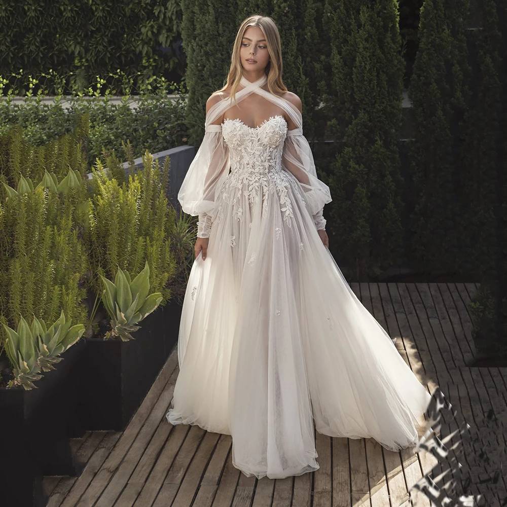 Elegant Soft Tulle Boho Wedding Dress Long Sleeves Floral Lace Pearls Bride Dress 2022 Beach Off Shoulder Wedding Party Gowns
Elegant Soft Tulle Boho Wedding Dress Long Sleeves Floral Lace Pearls Bride Dress 2022 Beach Off Shoulder Wedding Party Gowns