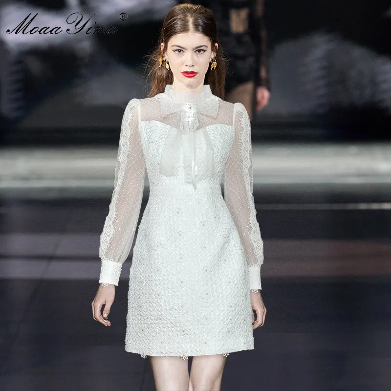 Fashion Designer dress Spring Women's Crystal Bow Long sleeves Lace Mesh Sequins Jacquard White Elegant Dresses
Fashion Designer dress Spring Women's Crystal Bow Long sleeves Lace Mesh Sequins Jacquard White Elegant Dresses