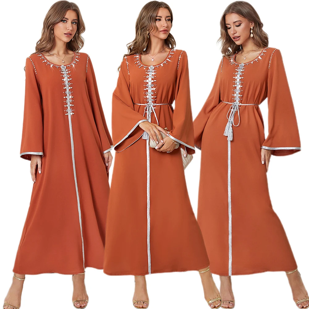 

Abaya Muslim Women Long Dress Moroccan Jalabiya Ramadan Eid Mubarak Middle East Kaftan Islam Rhinestone Party Holiday Gown Arab
