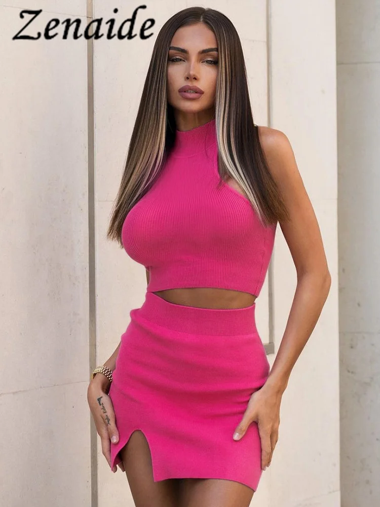 

Zenaide Pink Ribbed Skirt 2 Piece Set For Women High Neck Tanks Slit Mini Skirt Suits Bodycon Elegant Matching Co Ords Party