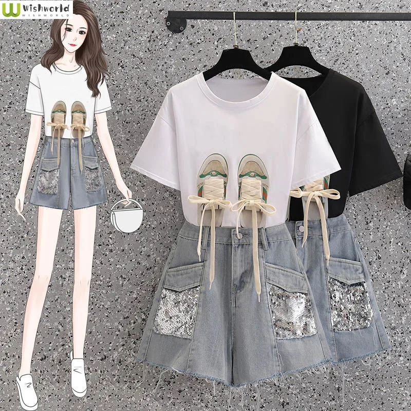 Large 2022 New Summer Short Sleeve T-shirt Fashion Slim Casual Age Reducing Denim Shorts Two Piece Set Women's Suit
Large 2022 New Summer Short Sleeve T-shirt Fashion Slim Casual Age Reducing Denim Shorts Two Piece Set Women's Suit
