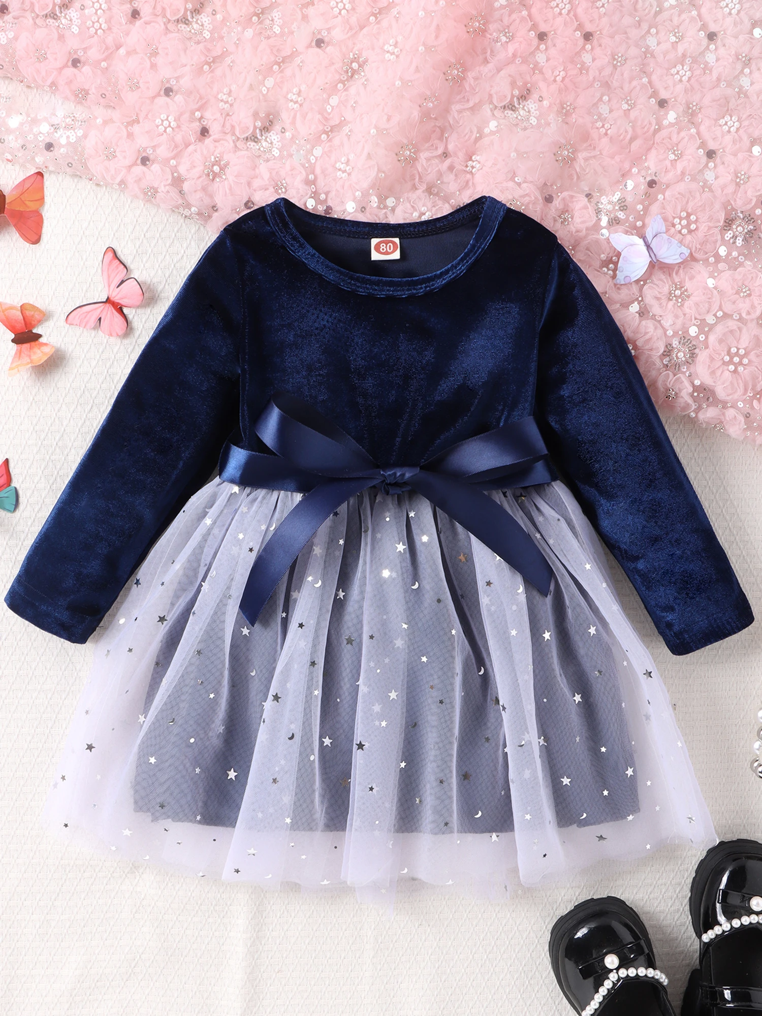 Girls Velvet Sequins Stars Layered Mesh Tulle Bowknot Crew Neck Long Sleeve Dress - Elegant Fall Princess Dress for Kids
Girls Velvet Sequins Stars Layered Mesh Tulle Bowknot Crew Neck Long Sleeve Dress - Elegant Fall Princess Dress for Kids