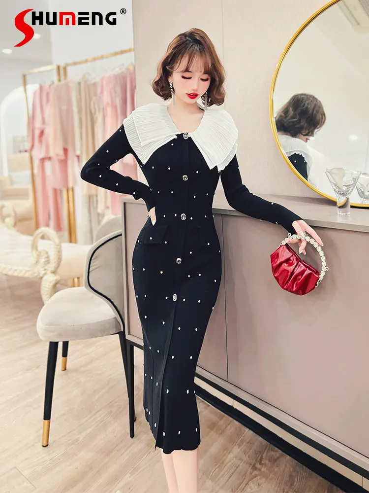 French Style Temperament Long Sleeve Knitted Dress Autumn Winter New Waist Slimming Ruffled Collar Mid-length Hip Dress
French Style Temperament Long Sleeve Knitted Dress Autumn Winter New Waist Slimming Ruffled Collar Mid-length Hip Dress