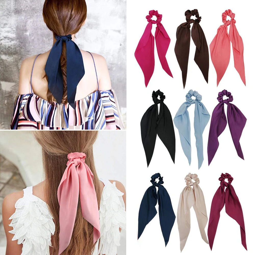 

Long Ribbon Scrunchies Bow Knotted Satin Hair Rope Ponytail Scarf Hair Tie Hair Accessories DIY Sweet Knotted Elastic Hair Band
