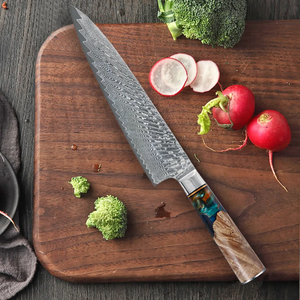 Genuine Damascus Knife 10Cr15CoMoV 67 Layers Damascus Steel 8 Inch Sharp Chef Slicing Cleaver Kitchen Knives Wood & Resin Handle
Genuine Damascus Knife 10Cr15CoMoV 67 Layers Damascus Steel 8 Inch Sharp Chef Slicing Cleaver Kitchen Knives Wood & Resin Handle