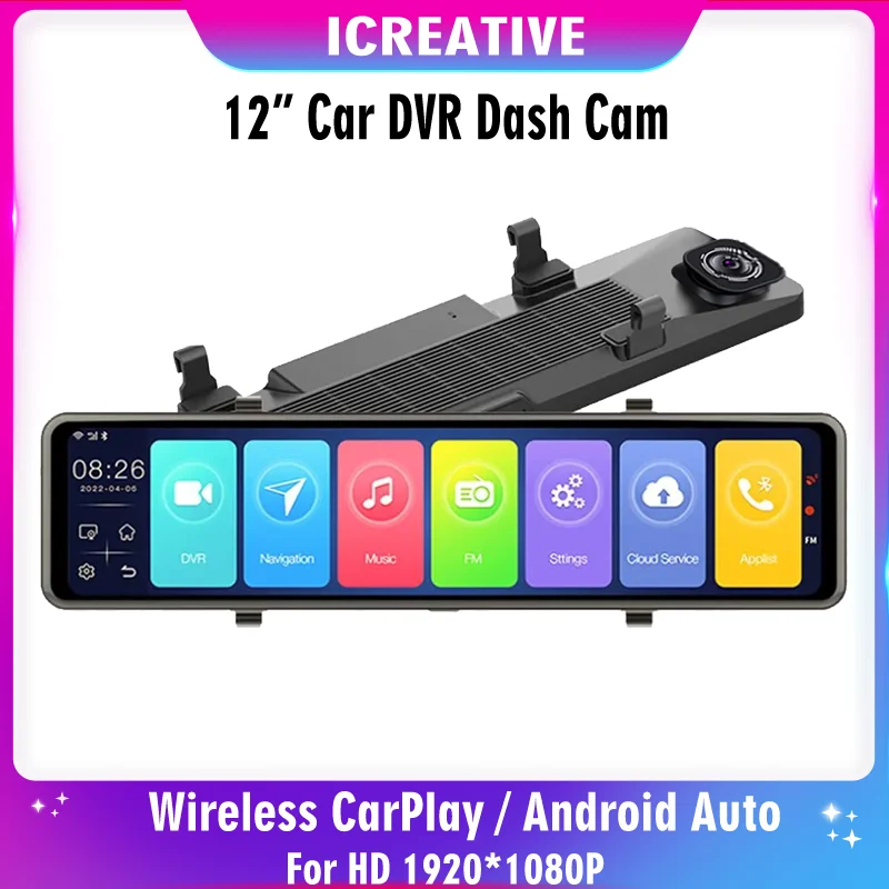 

12” FHD 1080P Car DVR Dash Cam Wireless CarPlay Android Auto Dual Screen Rear View Mirror Stream Media Video Recorder