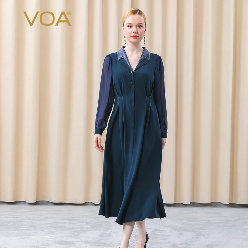 VOA 36 Momme Silk Lapel Pin Bead Perspective Long-sleeved Pleated Yellow Line Decoration Single-breasted Silk Dress AE599
VOA 36 Momme Silk Lapel Pin Bead Perspective Long-sleeved Pleated Yellow Line Decoration Single-breasted Silk Dress AE599