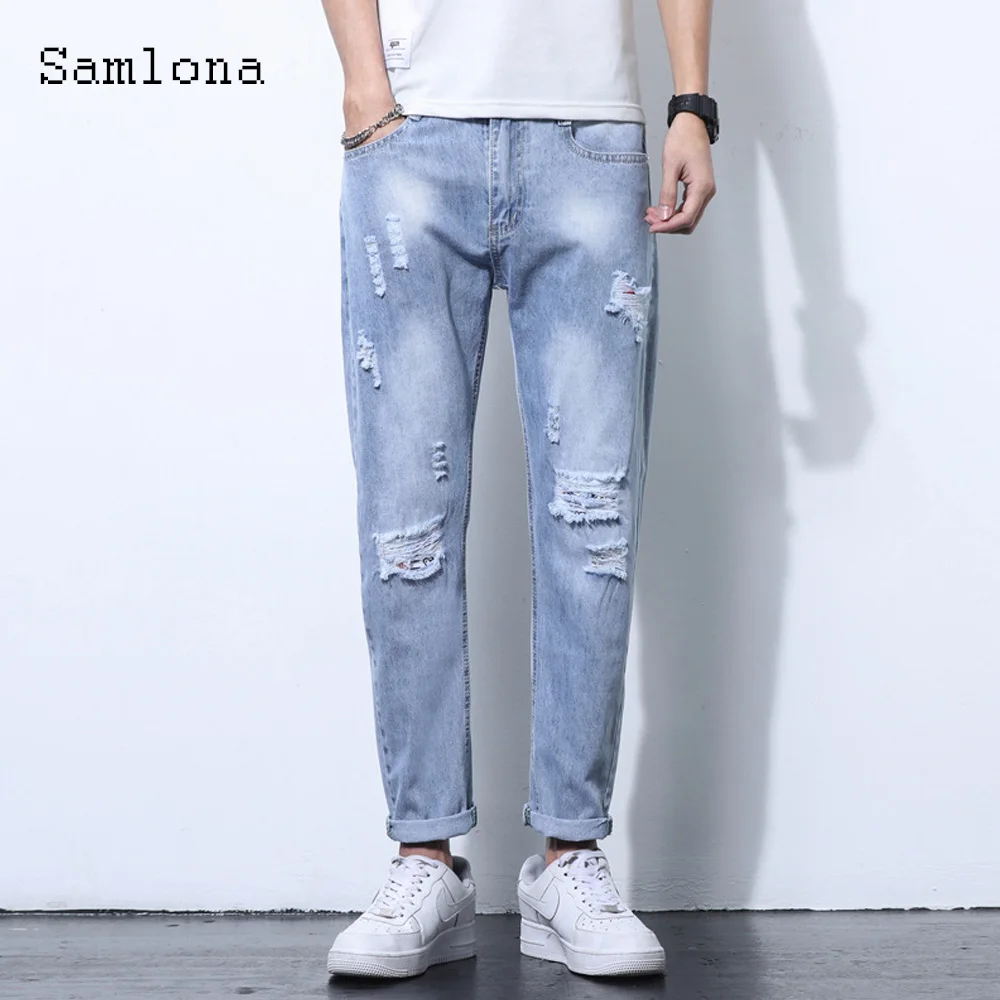 Samlona Plus size Men Sexy Jeans Denim Pants Homme Casual Pantalon Mens Clothing 2023 Vintage harajuku Hole Ripped Demin Trouser 
Samlona Plus size Men Sexy Jeans Denim Pants Homme Casual Pantalon Mens Clothing 2023 Vintage harajuku Hole Ripped Demin Trouser