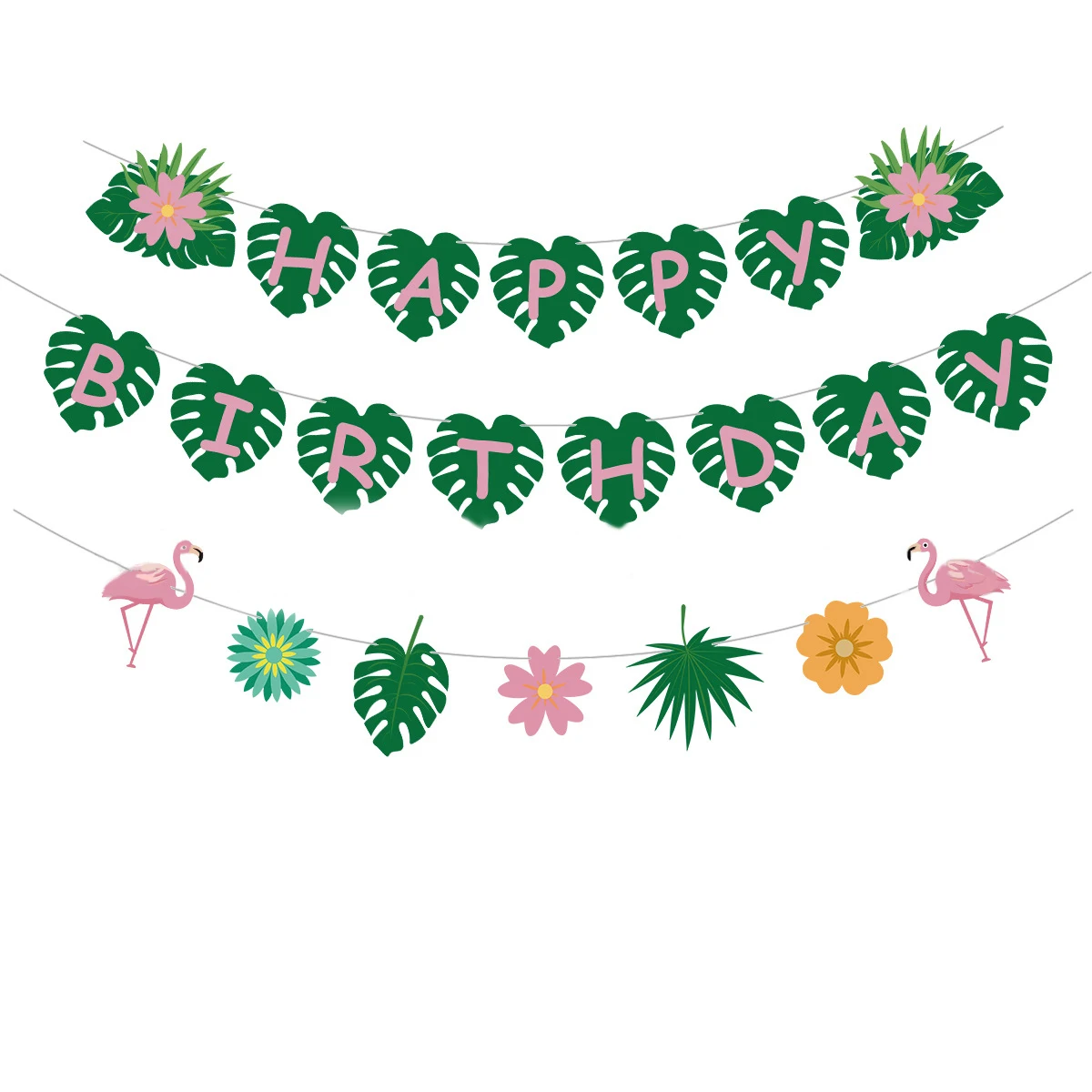 

JOLLYBOOM фламинго, искусственное украшение, зеленая надпись на день рождения, цветы, листья, баннер, бумажная лента, товары для вечеринок