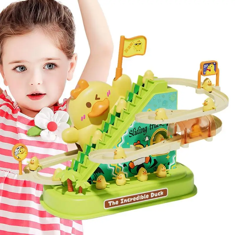 

Duck Roller Coaster Toy Electric Ducks Chasing Race Track Game Set With Lights & Sound Stair-Climbing Duck Cartoon Race Track