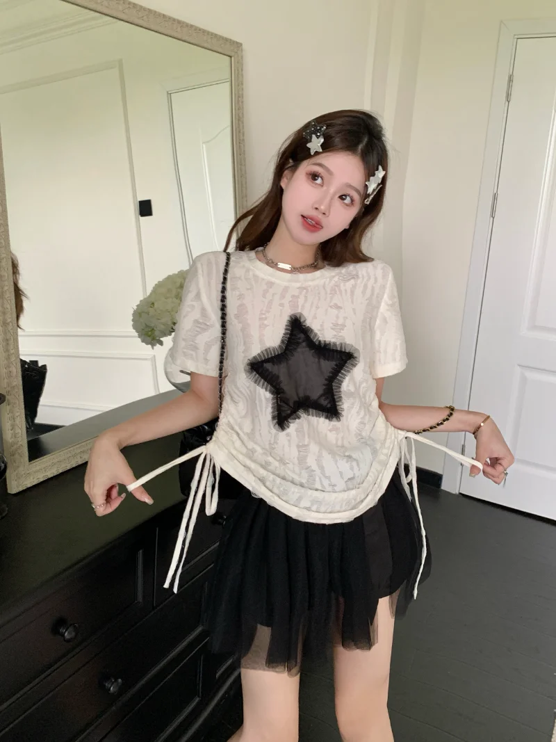 American Star Print Short Sleeve Tshirts Y2k Clothes Bandage Summer Mesh Korean Loose Vintage Hotsweet Camisetas Women Tees
American Star Print Short Sleeve Tshirts Y2k Clothes Bandage Summer Mesh Korean Loose Vintage Hotsweet Camisetas Women Tees