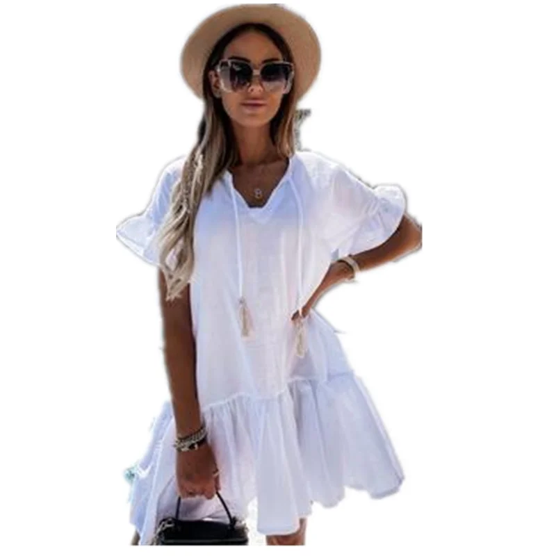 Summer Ruffle V-neck Short Sleeve Dress Female Solid Pleated Dress For Women Fashion Holiday Beach Clothes
Summer Ruffle V-neck Short Sleeve Dress Female Solid Pleated Dress For Women Fashion Holiday Beach Clothes