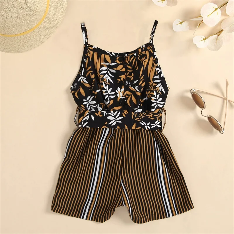 Kids Playsuit, Summer Stripe Floral Print Sleeveless Spaghetti Strap Romper with Waist Belt for Girls, 2-7 Years
Kids Playsuit, Summer Stripe Floral Print Sleeveless Spaghetti Strap Romper with Waist Belt for Girls, 2-7 Years