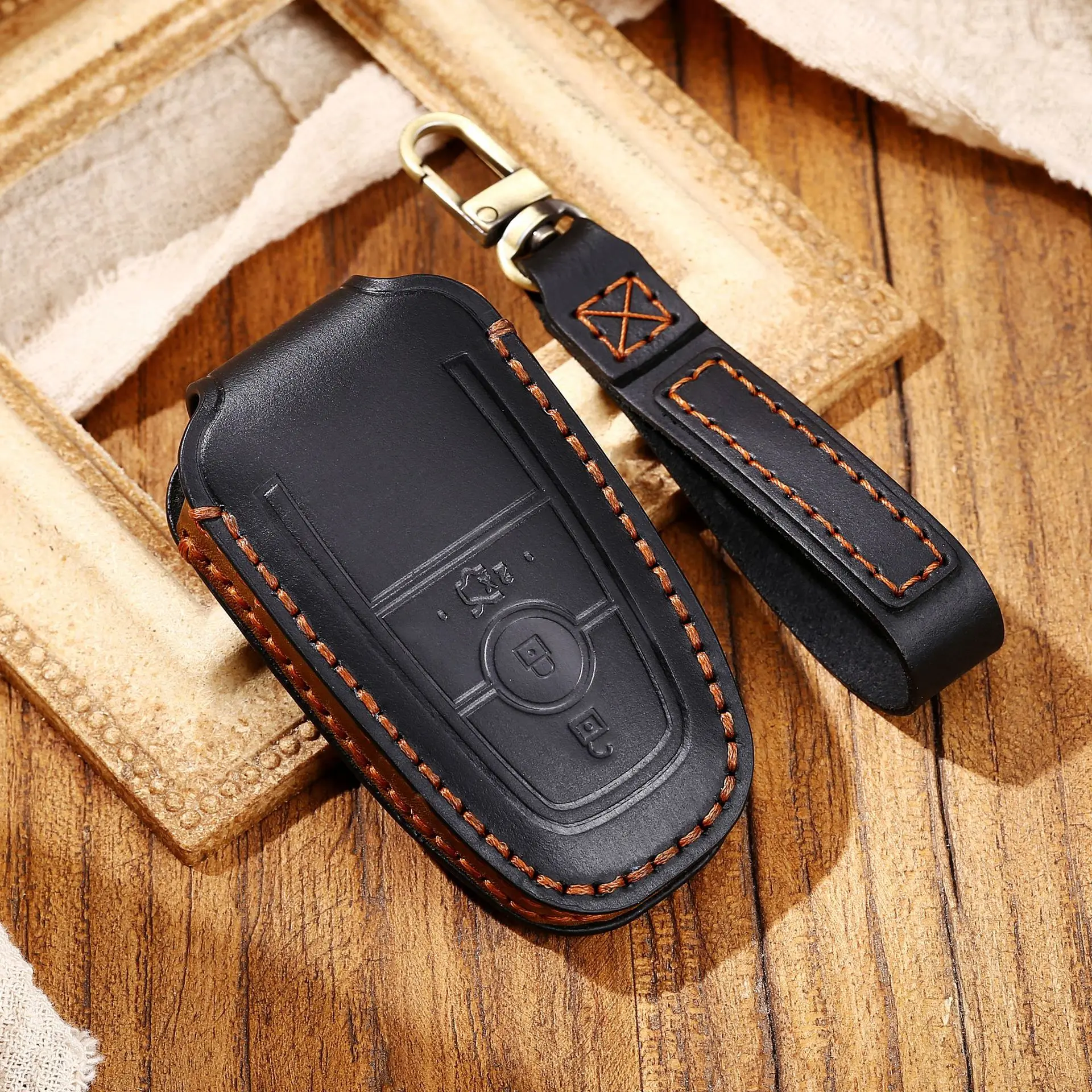 

Car Key Pouch Leather Case Cover Fob Holder Keyring Shell for Ford 2017 Mondeo Mustang Raptor F150 Fusion Edge Expedition L69