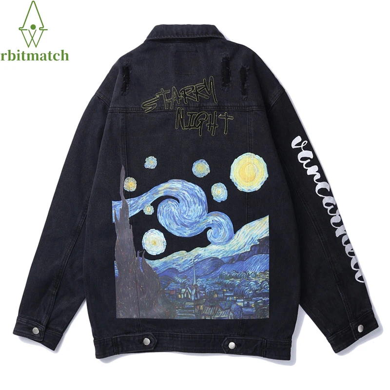 Мужская джинсовая куртка в стиле хип-хоп, синяя джинсовая куртка с вышивкой в стиле Ван Гога и звездной ночи, уличная одежда 2022 
Мужская джинсовая куртка в стиле хип-хоп, синяя джинсовая куртка с вышивкой в стиле Ван Гога и звездной ночи, уличная одежда 2022