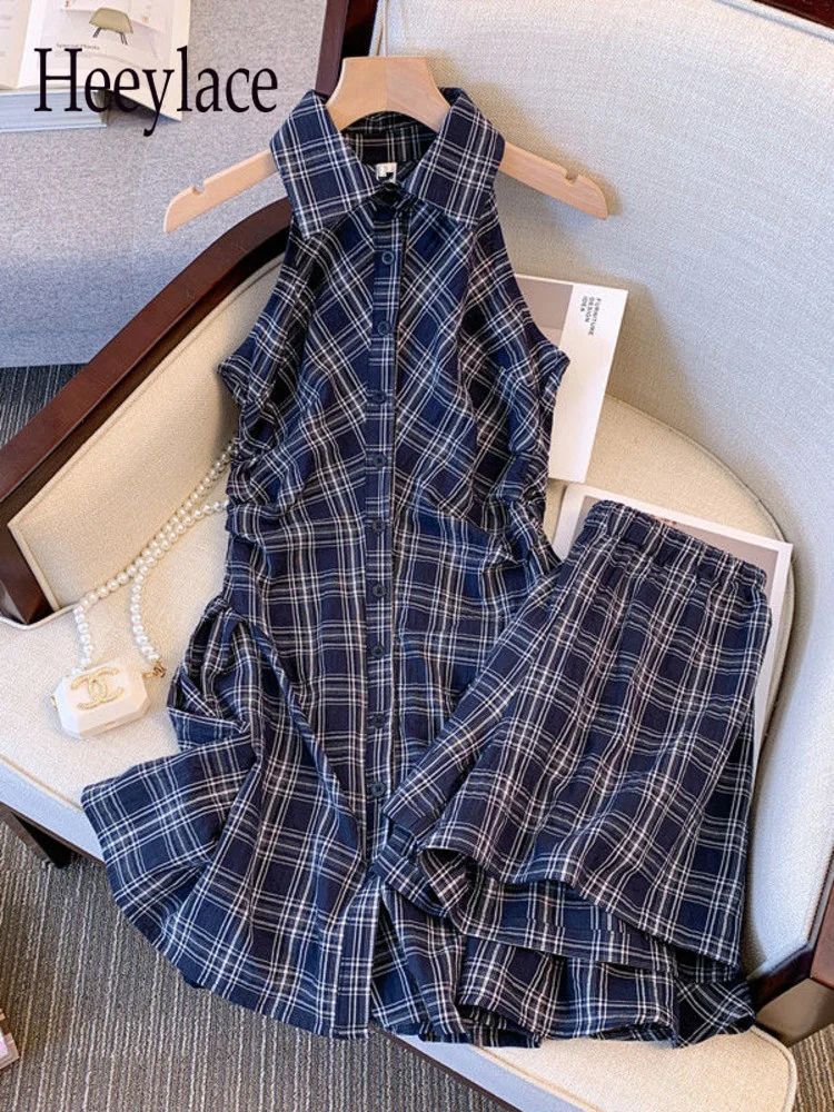 Summer Vintage Plaid Shorts Two Piece Sets For Women Streetwear Sleeveless Polo Collar Shirt Dresses And Shorts Suits Woemn Sets
Summer Vintage Plaid Shorts Two Piece Sets For Women Streetwear Sleeveless Polo Collar Shirt Dresses And Shorts Suits Woemn Sets