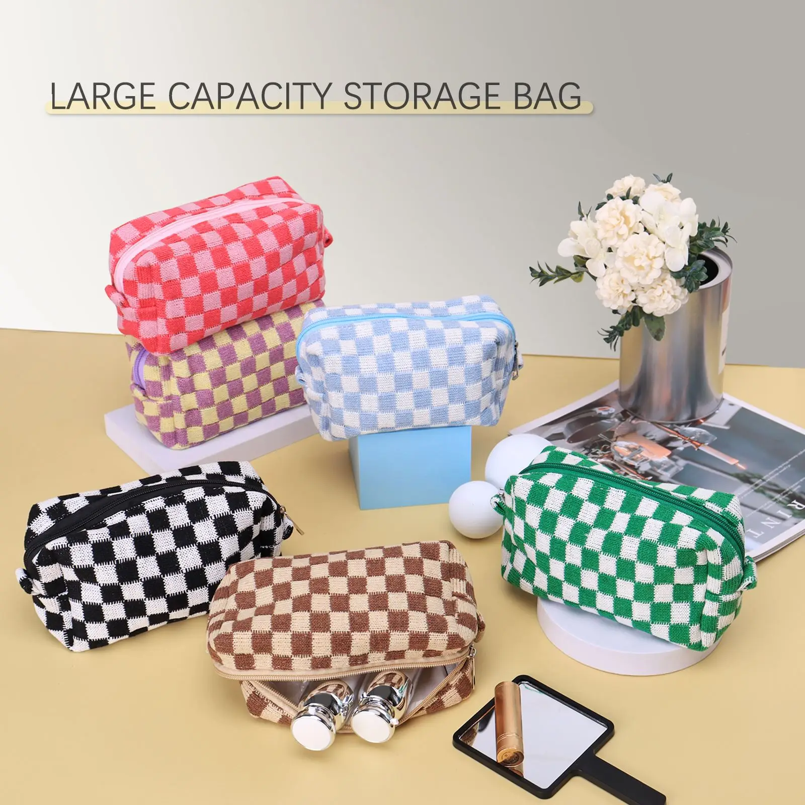 

Checkerboard Lattice Makeup Bag Knitted Fabric Women Cosmetic Organizer Zipper Beauty Pouch Wrist Make Up Pouch Toiletry Case