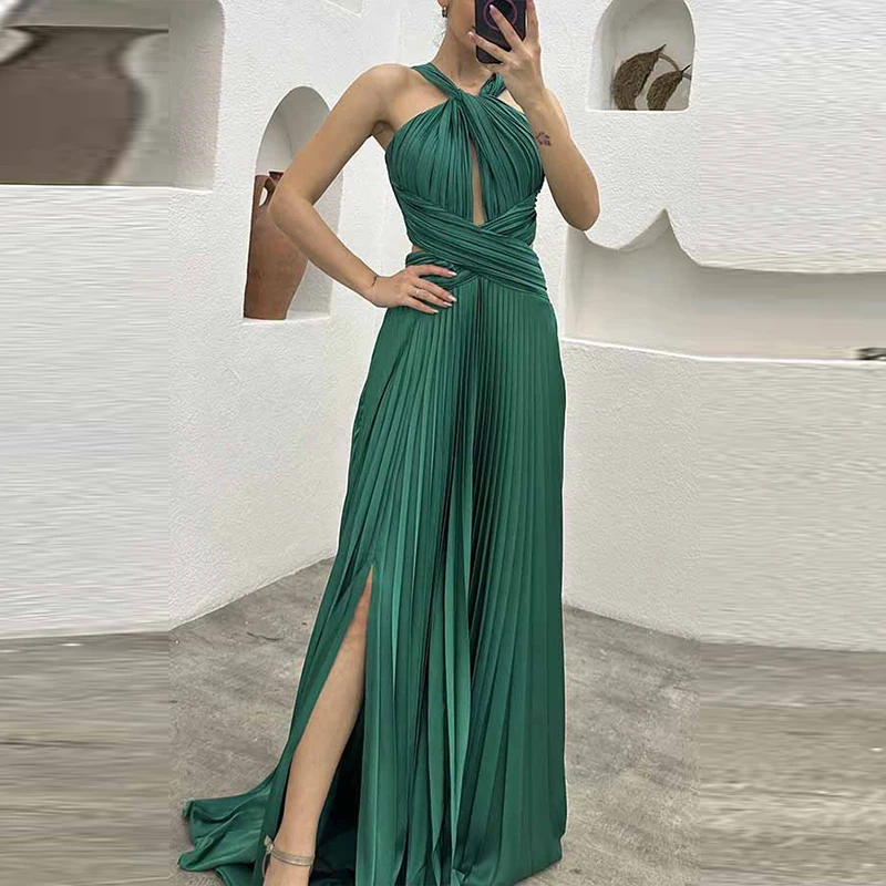 Elegant Wrap Solid Long Dress Sexy Halter Hollow Pleated Evening Dress Fashion Women Sleeveless High Waist Split Dress Vestidos
Elegant Wrap Solid Long Dress Sexy Halter Hollow Pleated Evening Dress Fashion Women Sleeveless High Waist Split Dress Vestidos