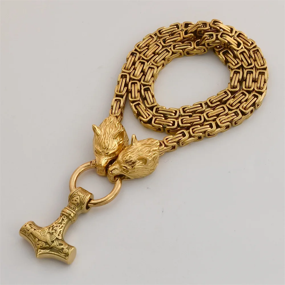 Viking Wolf Head King Chain Thor's Hammer Pendant Necklace Stainless Steel Gold Amulet Men's Necklace
Viking Wolf Head King Chain Thor's Hammer Pendant Necklace Stainless Steel Gold Amulet Men's Necklace