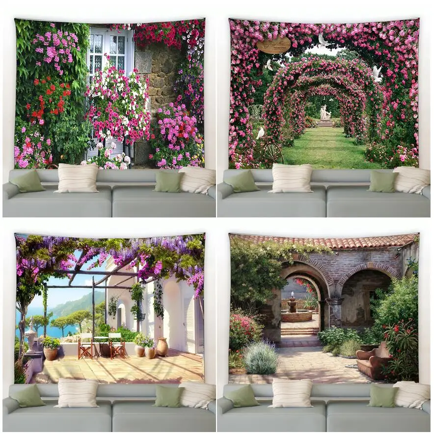 

Park Flowers Tapestry Pink Floral Plant Vintage Brick Wall Arch Modern Home Garden Living Room Courtyard Decoration Wall Hanging