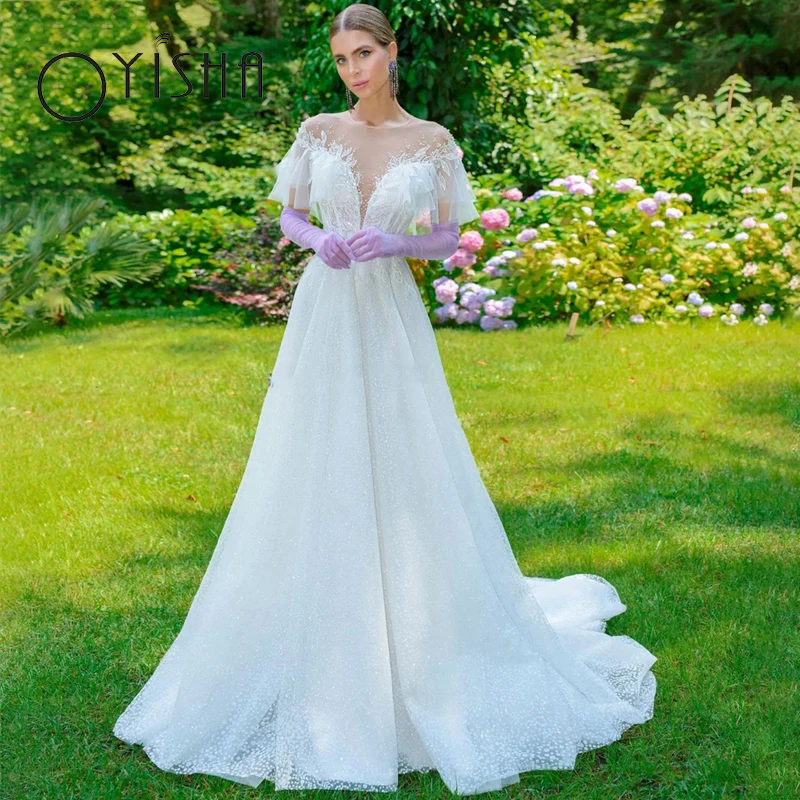 

OYISHA Delicate Lace Appliques Wedding Dress Sexy V-Neck A-Line Bridal Gown Illusion Tulle Ruched Elegant vestidos de noiva 2023