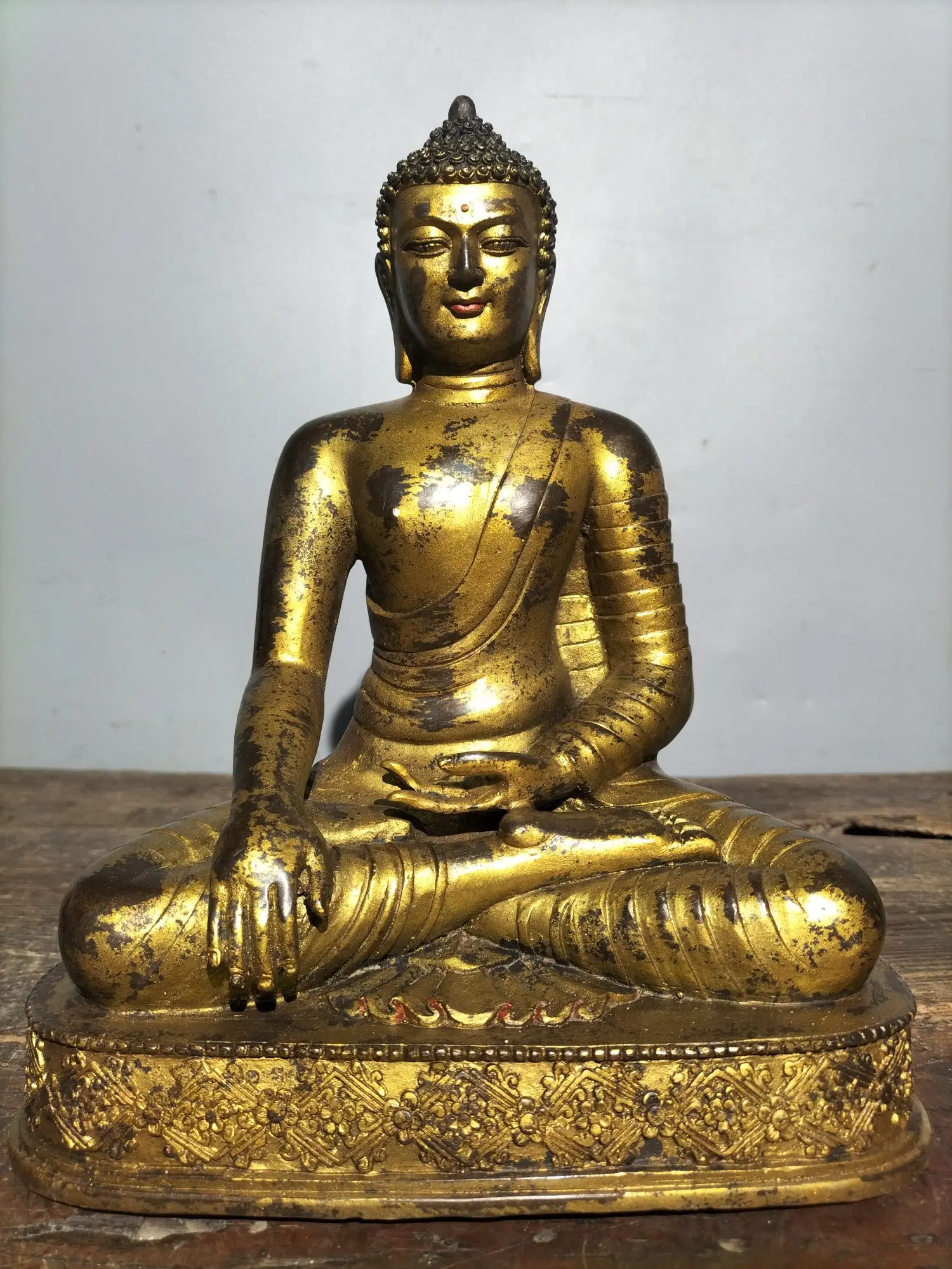 

11" Tibetan Temple Collection Old Bronze cinnabar mud gold Northern Wei Buddha Shakyamuni Amitabha lotus platform worship hall