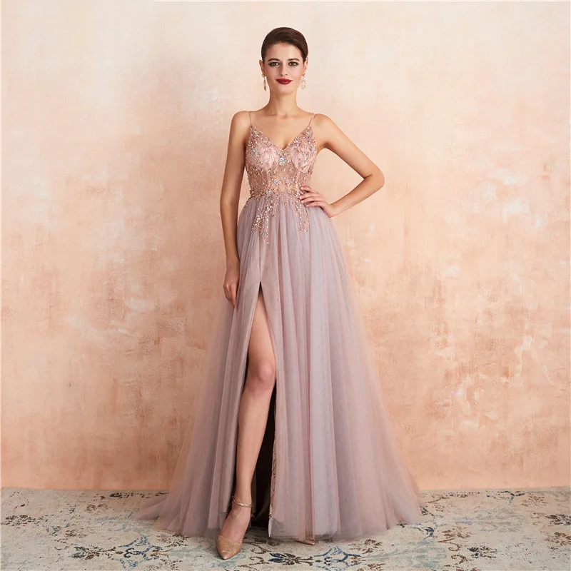 

Sexy Spaghetti Straps Evening Dresses New Arrival V-Neck Rhinestones Beading Formal Prom Gowns With Slit Robe De Soiree