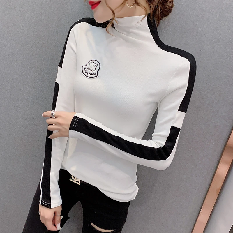Fall Winter European Clothes Cotton T-Shirt Sexy Turtleneck Color Blocking Patchwork Embroidery Women Tops Long Sleeve Tees 0192
Fall Winter European Clothes Cotton T-Shirt Sexy Turtleneck Color Blocking Patchwork Embroidery Women Tops Long Sleeve Tees 0192