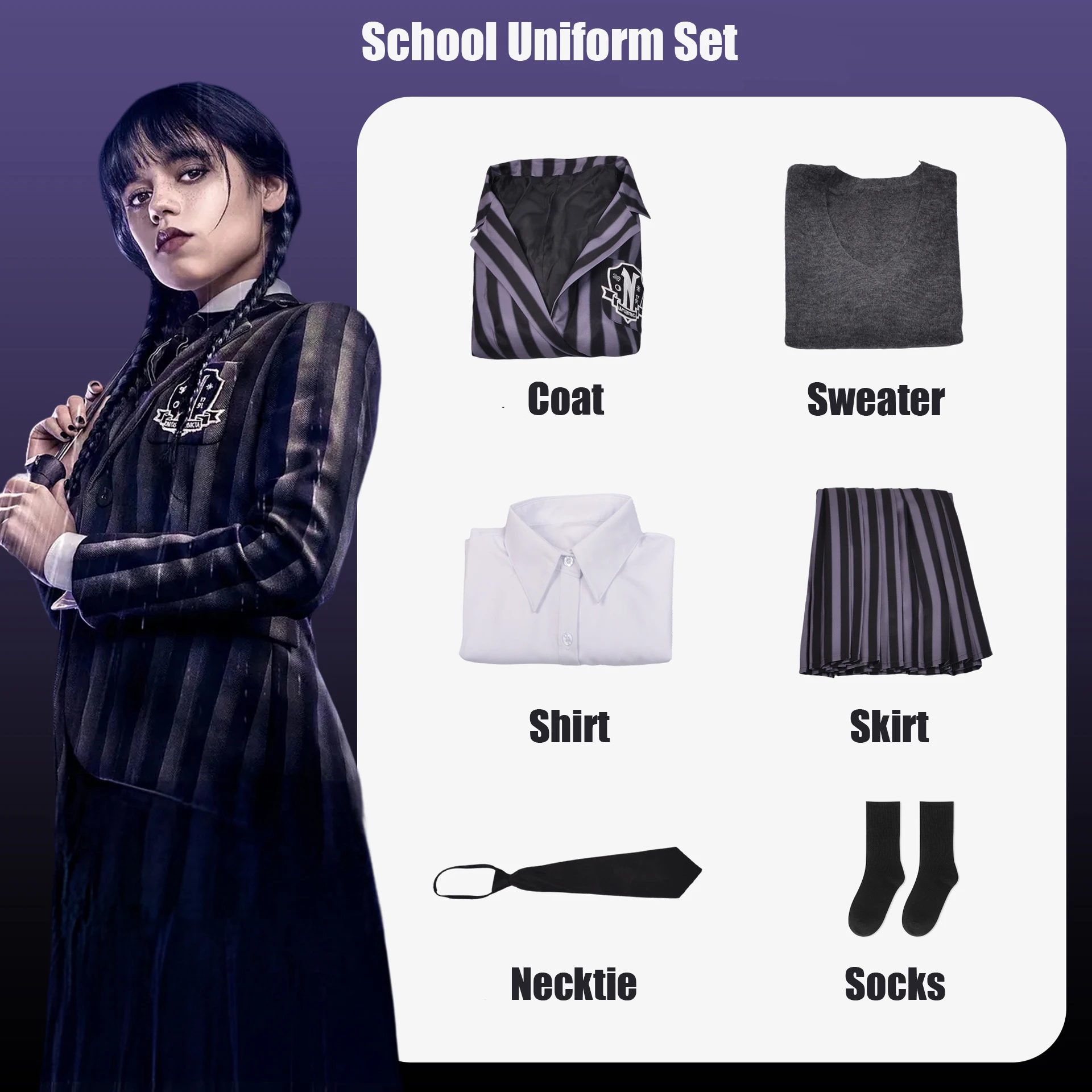 Vintage Striped Blazer Suit Shirt Pleated Skirt Set Sock Necktie Wednesdays School Uniform Disguise Addams Outfit Clothing
Vintage Striped Blazer Suit Shirt Pleated Skirt Set Sock Necktie Wednesdays School Uniform Disguise Addams Outfit Clothing
