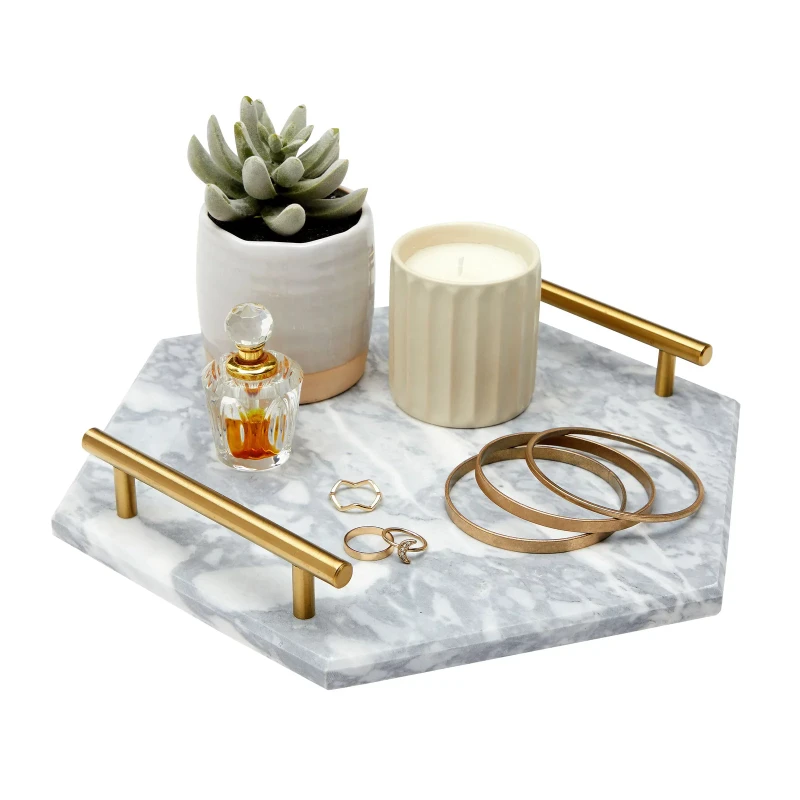 Hexagon Marble Serving Tray, Jewelry Trinket Tray, Perfume Tray, Bathroom Toilet Vanity Tray with Gold Handle (11.8"x10"x0.4")
Hexagon Marble Serving Tray, Jewelry Trinket Tray, Perfume Tray, Bathroom Toilet Vanity Tray with Gold Handle (11.8"x10"x0.4")