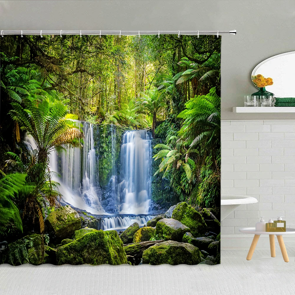 

Forest Waterfall Shower Curtain Natural Scenery Mountain Bridge Bathroom Supplies Fabric Bath Screen Cloth Curtains With Hooks
