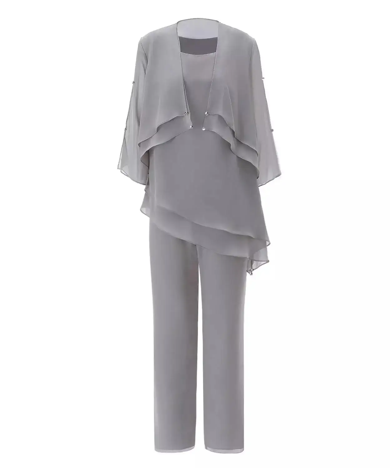 Chiffon Pantsuit Mother of the Bride Dresses Suit 3 Pieces Elegant Grey Half Sleeves Jacket Outfit Wedding Evening Dress 2022
Chiffon Pantsuit Mother of the Bride Dresses Suit 3 Pieces Elegant Grey Half Sleeves Jacket Outfit Wedding Evening Dress 2022